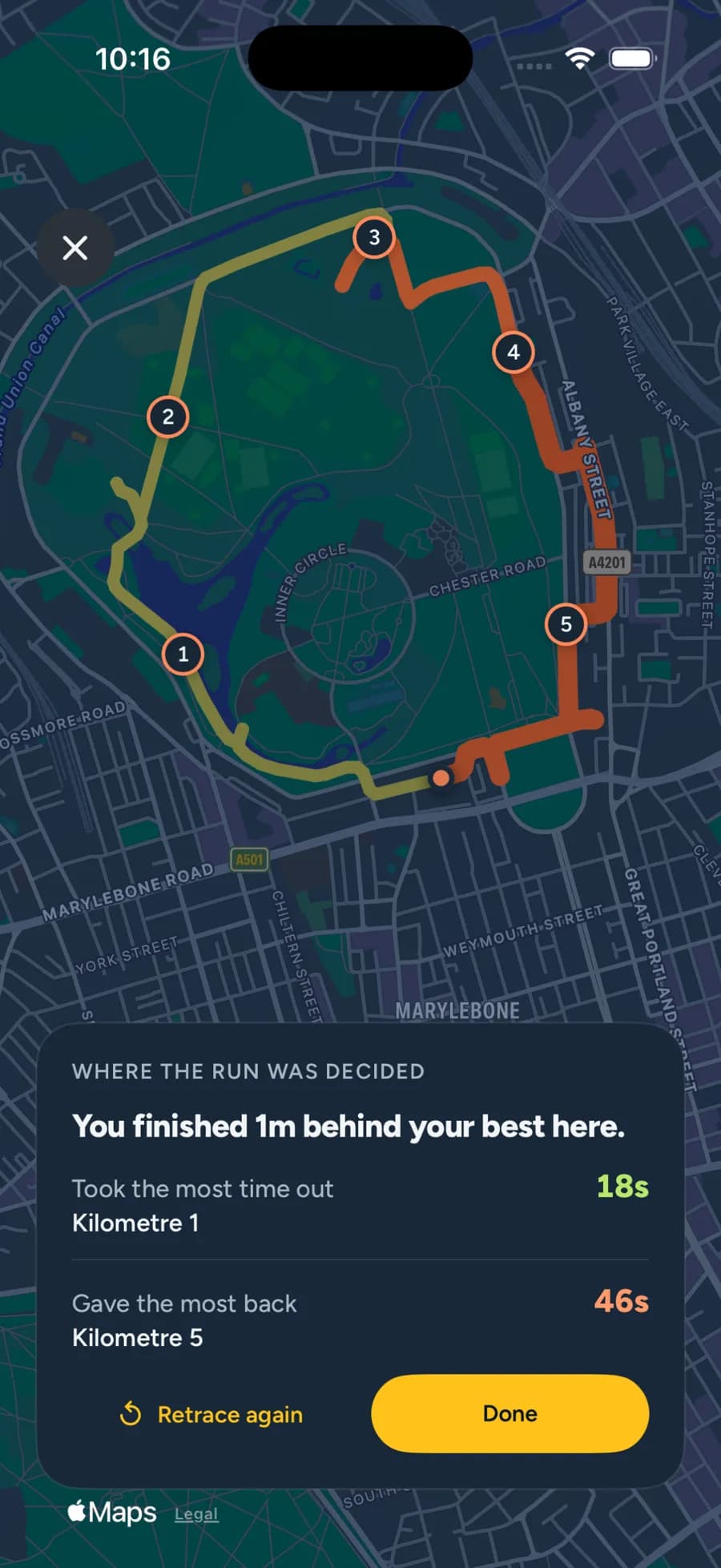 Beyond Routes on iPhone at the end of a Retrace: Regent's Park Outer Circle seen from above with the run painted kilometre by kilometre, warm where time was lost and cool where it was gained, and a card reading “You finished 1m behind your best here” over which kilometre took the most time out and which gave the most back.