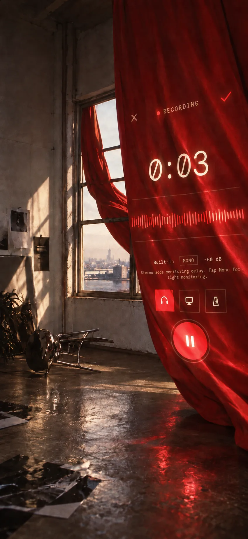 A red curtain blowing into an empty room, with an active Music Dawn recording projected on it.