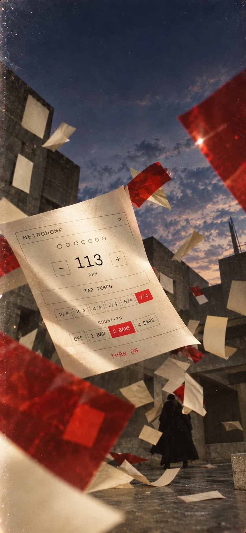 Paper and red film flying past a concrete ruin, with the Music Dawn metronome projected on a sheet.
