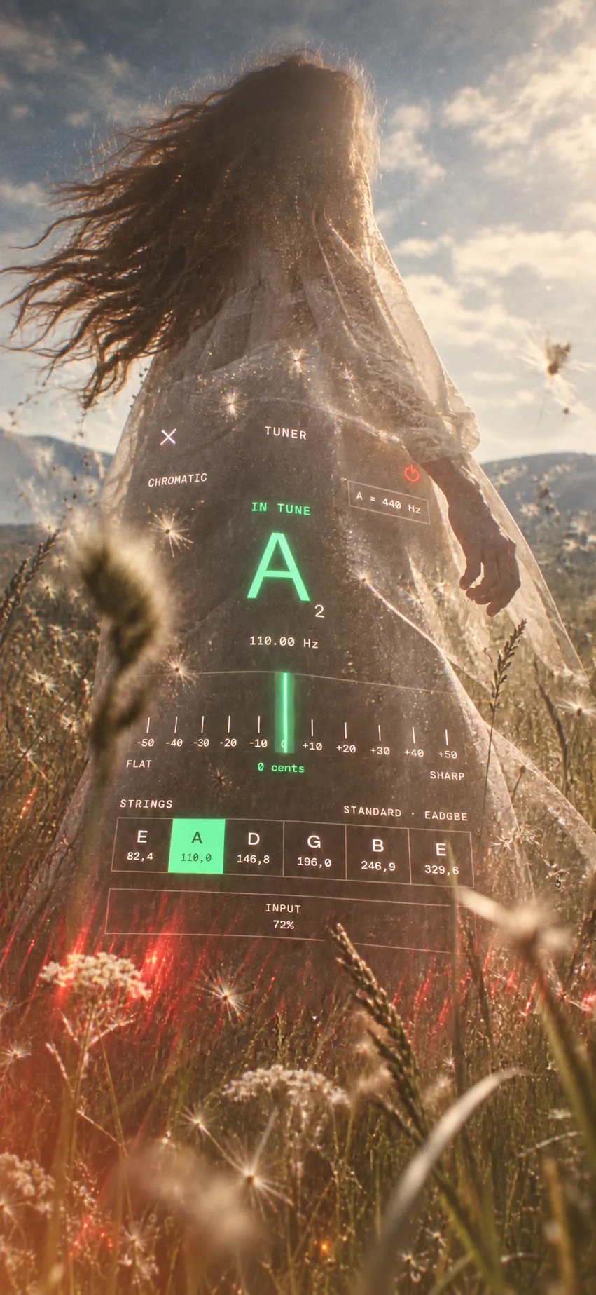 A figure in a sheer dress in tall grass, with the Music Dawn tuner showing an in-tune A projected across the fabric.