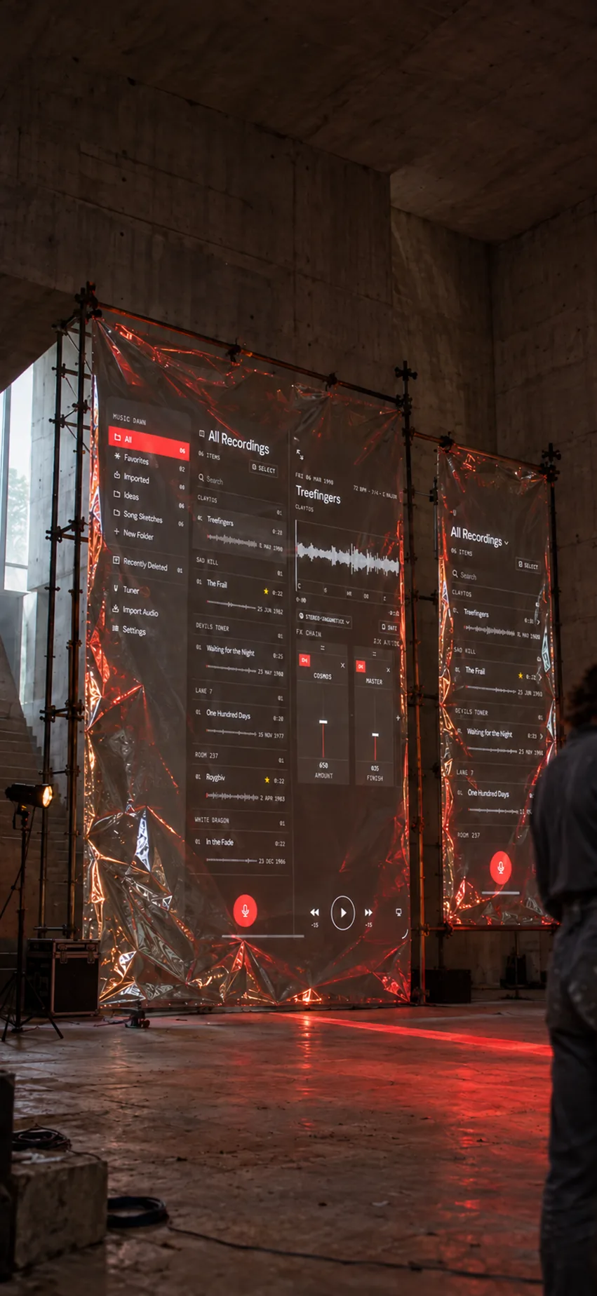Two hanging sheets of red foil in a concrete hall, with the Music Dawn library projected across both.