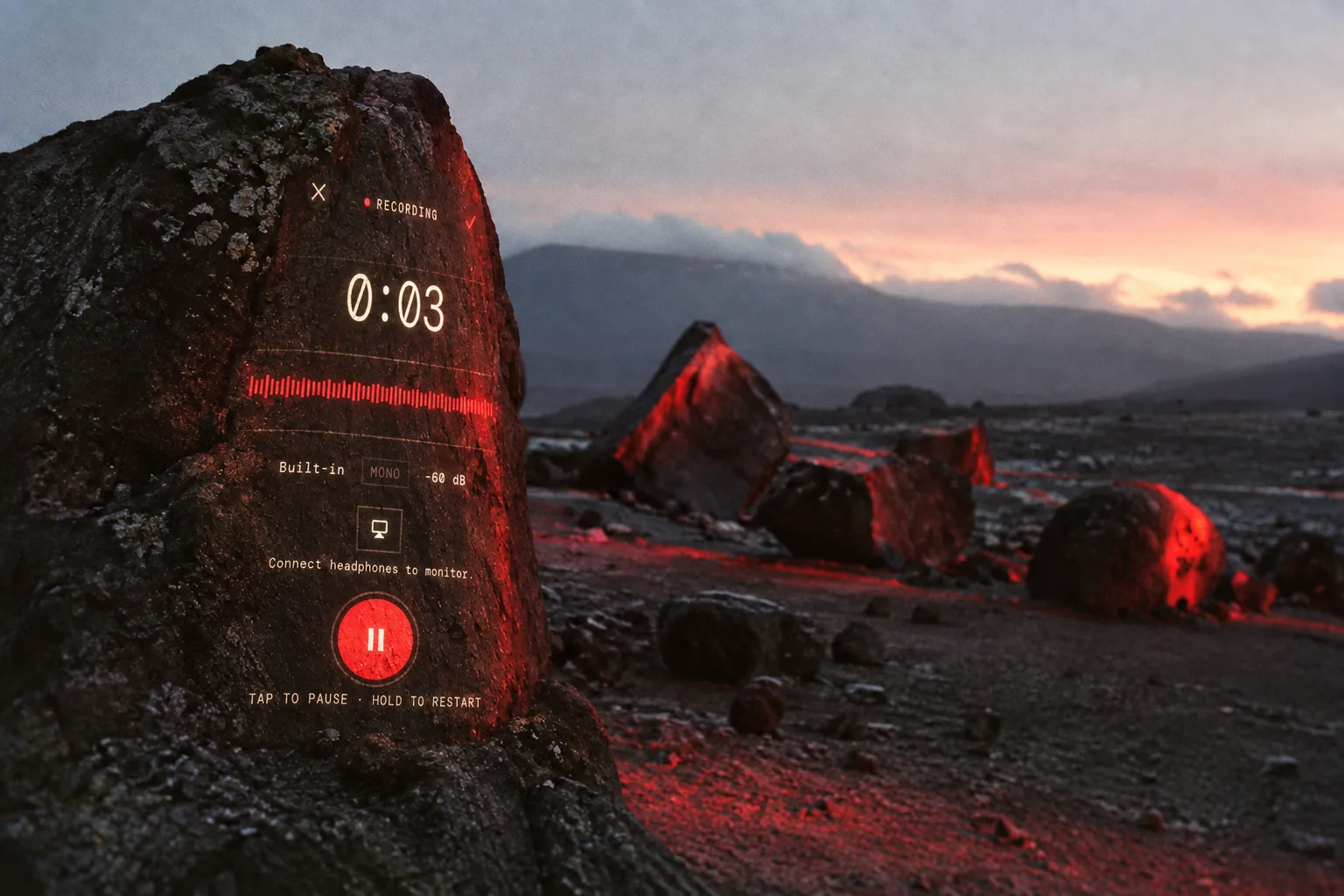 The Music Dawn recording screen projected as light across a volcanic boulder at dusk, red light spilling over the stones.