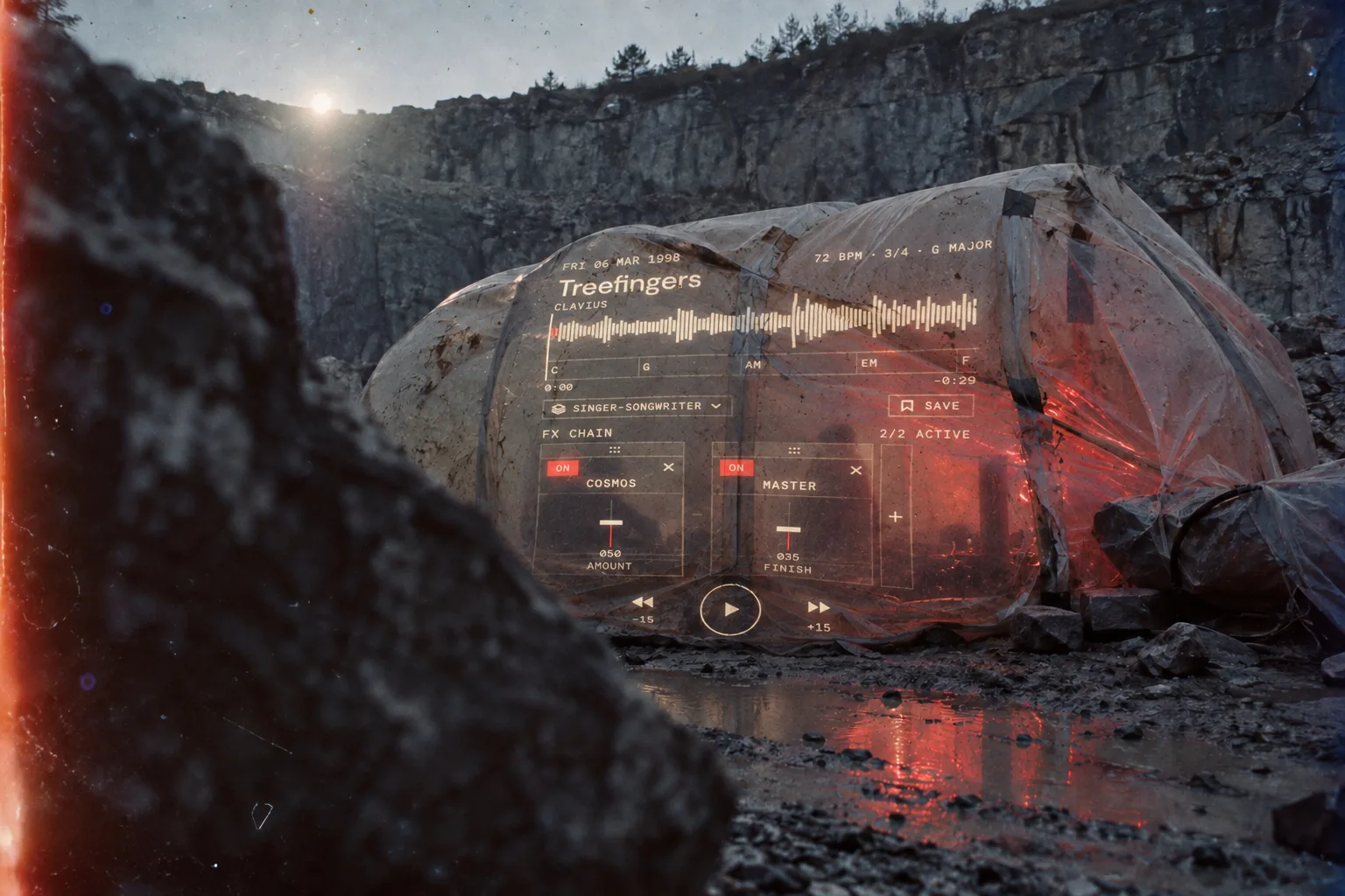 A translucent shelter in a quarry at night, with the Music Dawn playback and effects screen projected onto its skin.