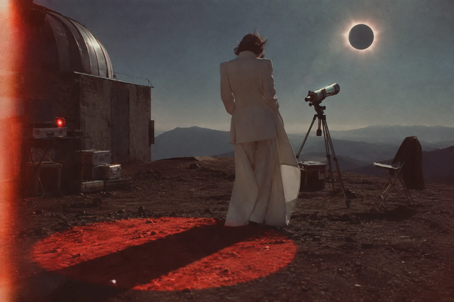A figure on a hilltop watching an eclipse beside a telescope, a pool of red light at their feet.
